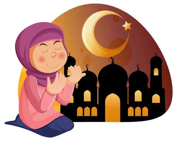 用清真寺图解祈祷的穆斯林女孩 — 图库矢量图片