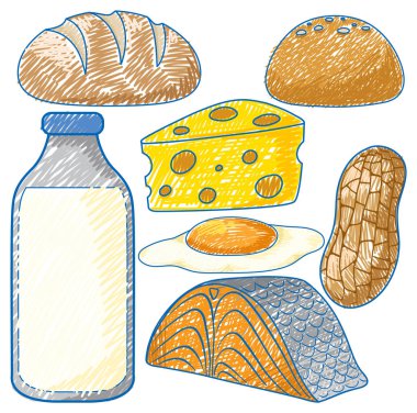 Kalem Rengi Çizimindeki Çeşitli Yemekler Basit Resim Çizimi