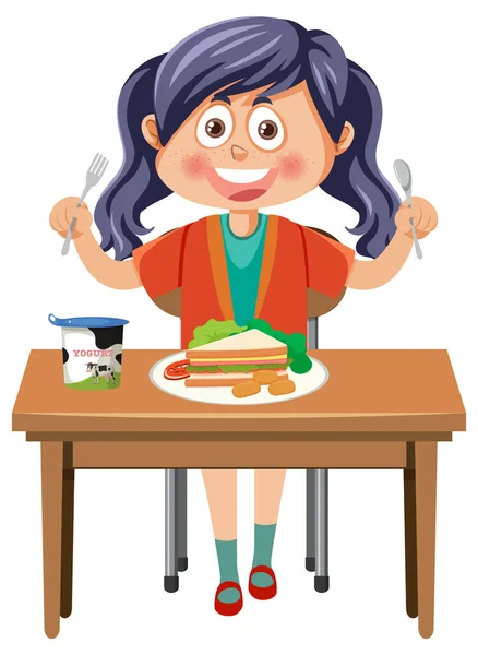 Fille Manger Sain Petit Déjeuner Illustration — Image vectorielle