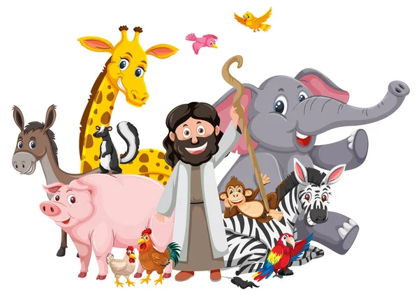 Arca Noé Jesus Cristo Desenho Animado Com Ilustração Animal — Vetor de Stock