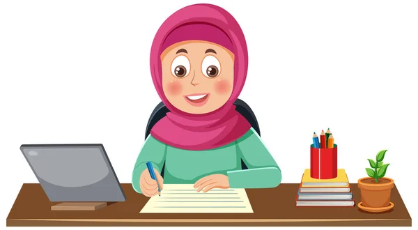 Muslim Girl Working Table Vector Illustration — Stock Vector