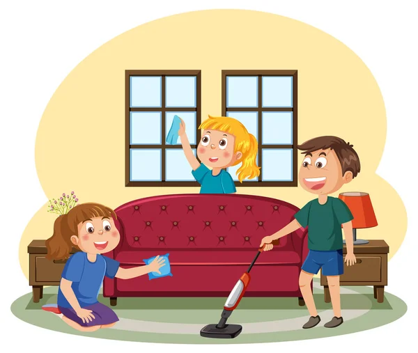 Kids Cleaning Room Together Illustration — Stock Vector