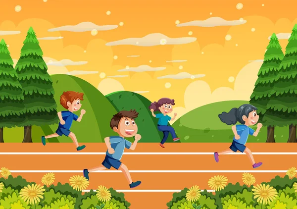 Niños Activos Corriendo Riendo Ilustración Aire Libre — Archivo Imágenes Vectoriales