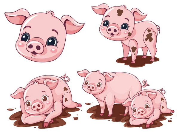 Conjunto Rosa Bonitinho Porco Personagem Desenho Animado Jogando Lama Ilustração —  Vetores de Stock