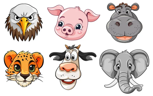Set Cute Animal Heads Illustration — Stock Vector