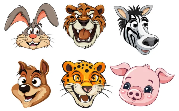 Cabeças Animais Desenhos Animados Personagens Coleção Ilustração —  Vetores de Stock