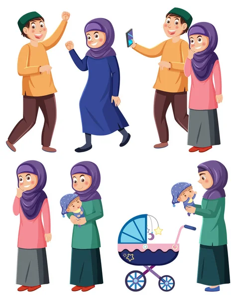 Diversos Personagens Desenhos Animados Muçulmanos Conjunto Ilustração —  Vetores de Stock
