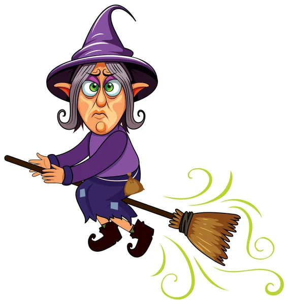 Grumpy Witch Cartoon Character Riding Broom Illustration — Stock Vector