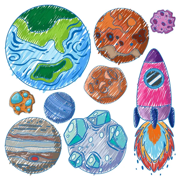 Πλανήτες Μολύβι Έγχρωμο Σκίτσο Απλή Απεικόνιση Στυλ — Διανυσματικό Αρχείο