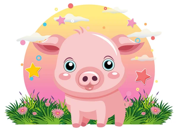 花田里可爱的粉红猪图片说明 — 图库矢量图片