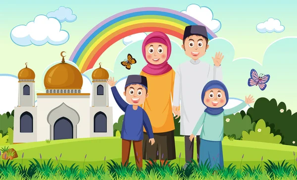 穆斯林家庭卡通人物插图 — 图库矢量图片