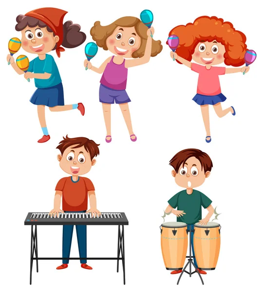 Uppsättning Tecknade Barn Karaktär Med Musikinstrument Illustration — Stock vektor