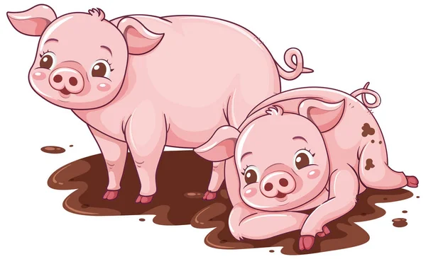Cartoon Pigs Rolling Dalam Ilustrasi Lumpur - Stok Vektor