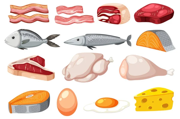 Set Von Cartoon Protein Lebensmittel Illustration — Stockvektor