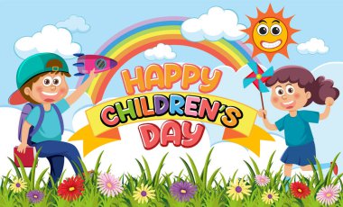 Happy children's day with children playing outdoor scene illustration clipart