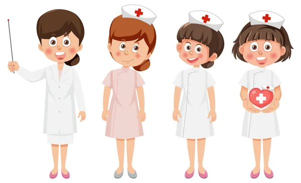 Nette Krankenschwester Zeichentrickfiguren Set Illustration — Stockvektor