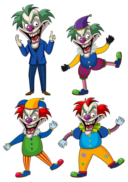 Ensemble Personnage Dessin Animé Clown Effrayant Sur Illustration Tenue Colorée — Image vectorielle