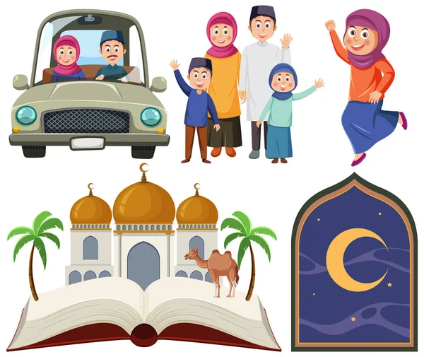Muslimské Kreslené Postavičky Set Ilustrace — Stockový vektor