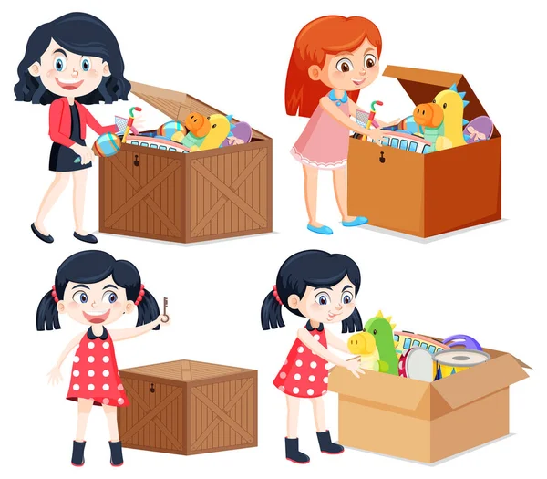 Set Anak Anak Dengan Mainan Dalam Ilustrasi Kotak - Stok Vektor