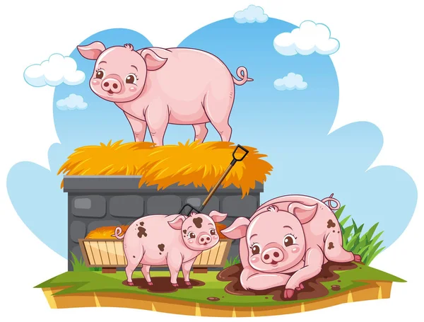 Porcos Adoráveis Com Hay Ilustração — Vetor de Stock