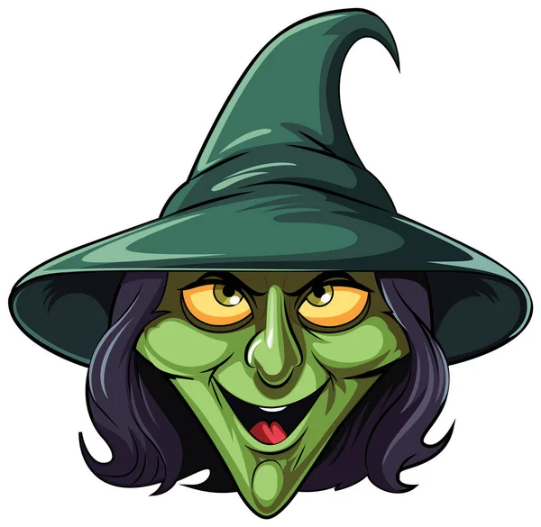 Verde Skinned Old Witch Face Cartoon Ilustração — Vetor de Stock