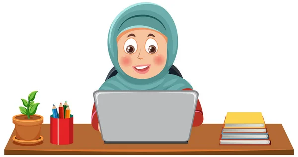 Menina Muçulmana Trabalhando Tabela Vector Ilustração —  Vetores de Stock