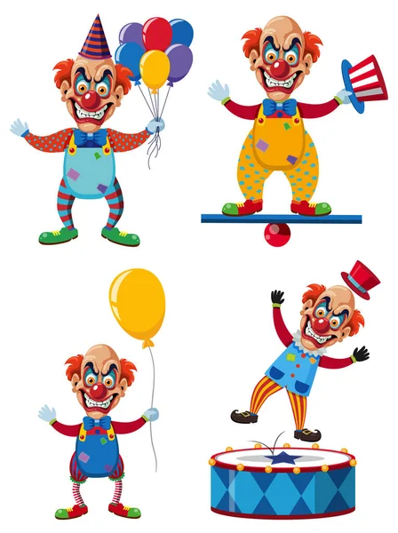 Uppsättning Läskiga Clown Tecknad Karaktär Färgglada Outfit Illustration — Stock vektor