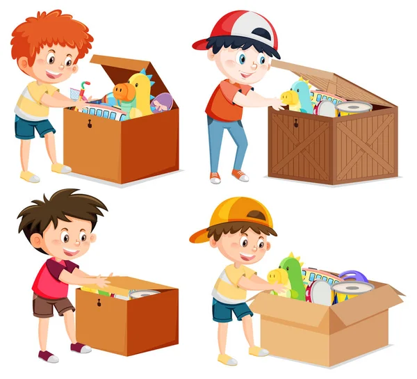 Set Enfants Avec Jouets Dans Boîte Illustration — Image vectorielle