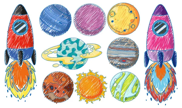 Rocket Και Πλανήτες Μολύβι Χρώμα Σκίτσο Απλή Στυλ Εικονογράφηση — Διανυσματικό Αρχείο