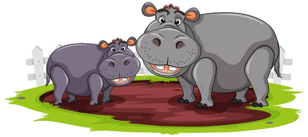 Hippopotamus Mor Och Barn Tecknad Stil Illustration — Stock vektor