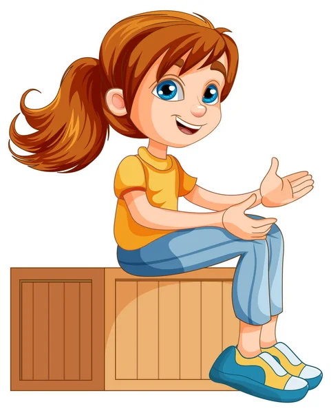 Девушка Сидящая Деревянном Ящике — стоковый вектор