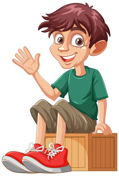 Happy Boy Sitting Wooden Box Illustration — Stock Vector