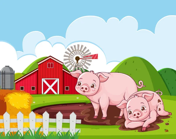 Imádnivaló Sertések Farm Illusztráció — Stock Vector