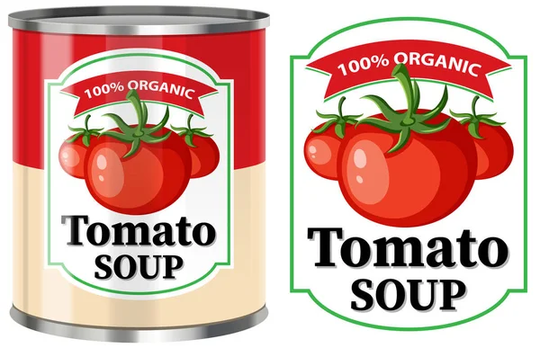 Tomatensoep Blik Met Etiket Geïsoleerde Illustratie — Stockvector