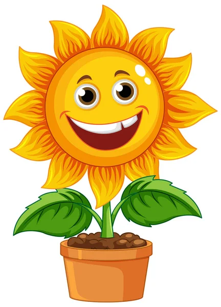 笑顔の顔のイラストと鍋に太陽の花の漫画 — ストックベクタ
