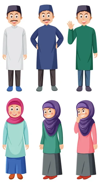 Diverse Muslim Cartoon Characters Set Illustration — Stock Vector