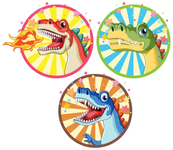 Sada Dinosaurů Kruhovém Komiksu Šablony Nálepky Ilustrace — Stockový vektor