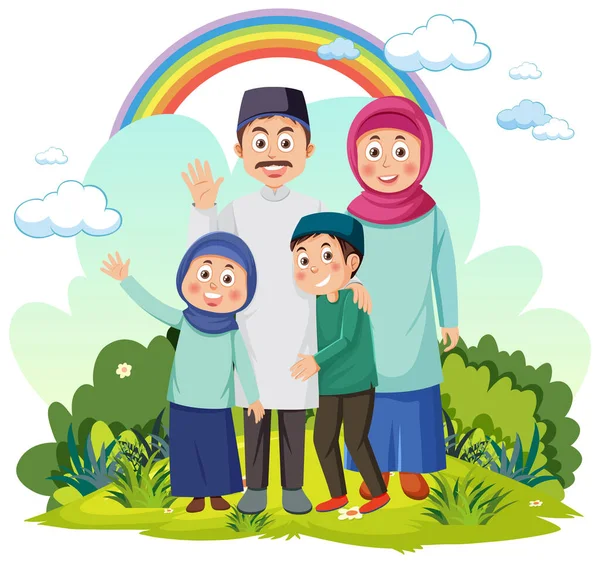 Illustration Des Personnages Bande Dessinée Famille Musulmane — Image vectorielle