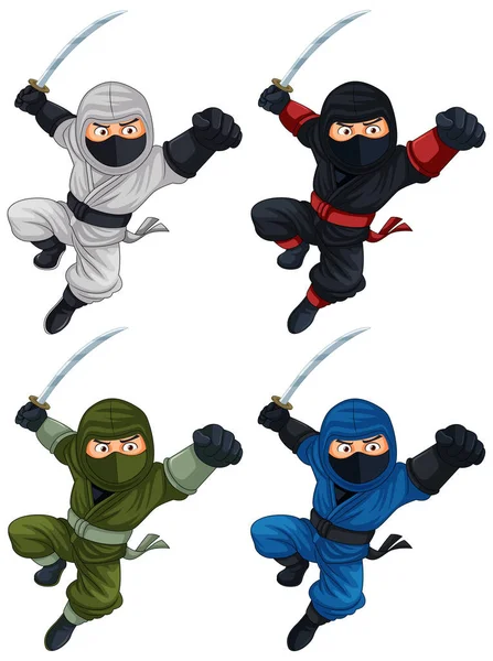 Ninja Saltando Brandishing Espada Colección Ilustración — Vector de stock