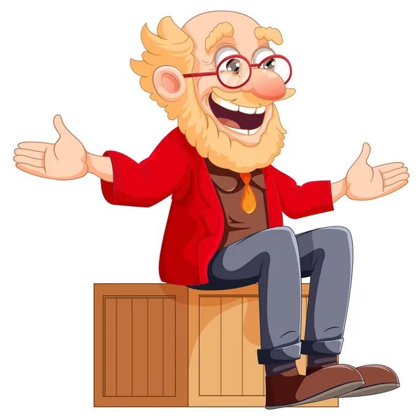 Veselý Starý Muž Sedí Dřevěné Krabici Ilustrace — Stockový vektor