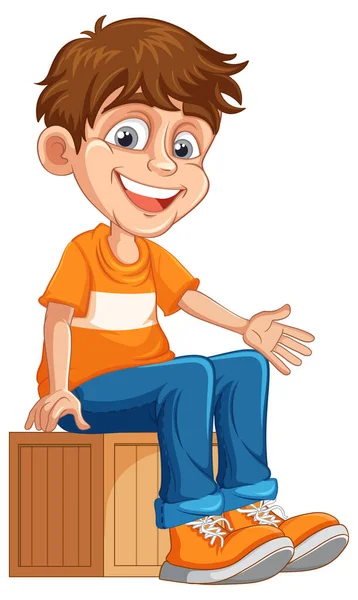 Cheerful Boy Sitting Wooden Box Cartoon Illustration — Stock Vector
