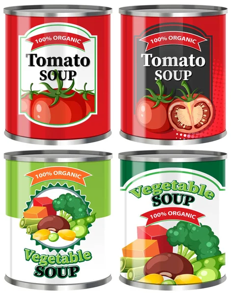 Sopa Vegetal Alimentos Latas Colección Ilustración — Vector de stock