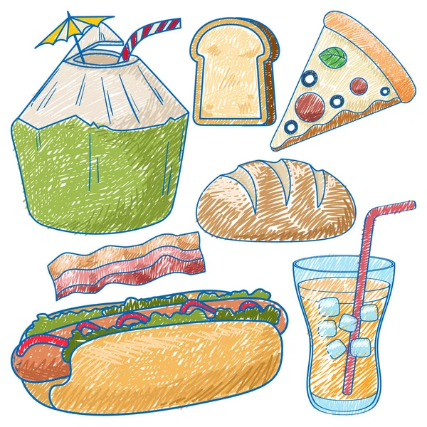 Vari Alimenti Matita Disegno Colori Stile Semplice Illustrazione — Vettoriale Stock