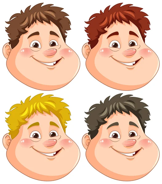 Happy Chubby Garçon Visage Différentes Couleurs Cheveux Illustration — Image vectorielle