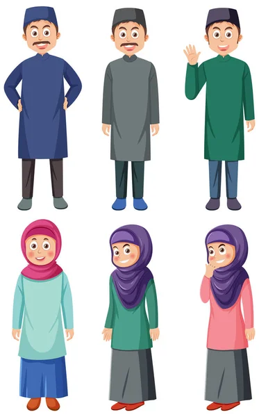 Personagens Desenhos Animados Muçulmanos Conjunto Ilustração — Vetor de Stock