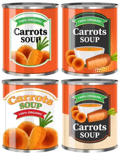 Sopa Zanahoria Alimentos Latas Colección Ilustración — Vector de stock