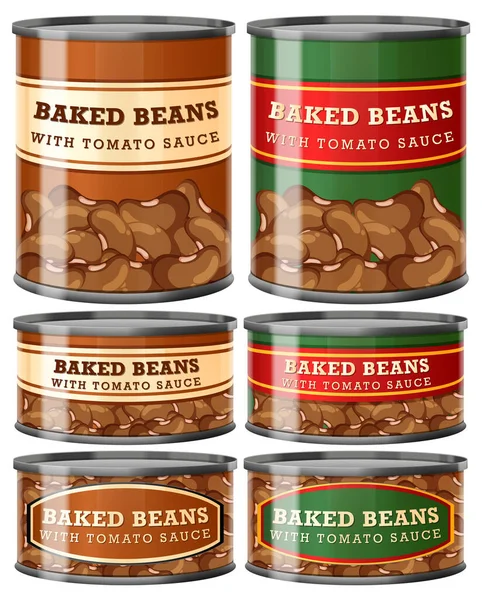 Ψητά Φασόλια Τομάτα Σάλτσα Τροφίμων Cans Συλλογή Εικονογράφηση — Διανυσματικό Αρχείο