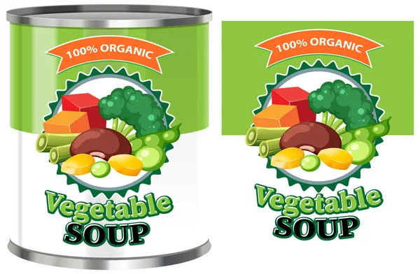 Sopa Verduras Lata Alimentos Con Etiqueta Ilustración Aislada — Vector de stock