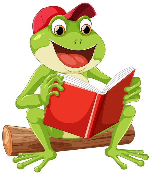 Zielona Szczęśliwa Żaba Czytająca Ilustrację Książki — Wektor stockowy