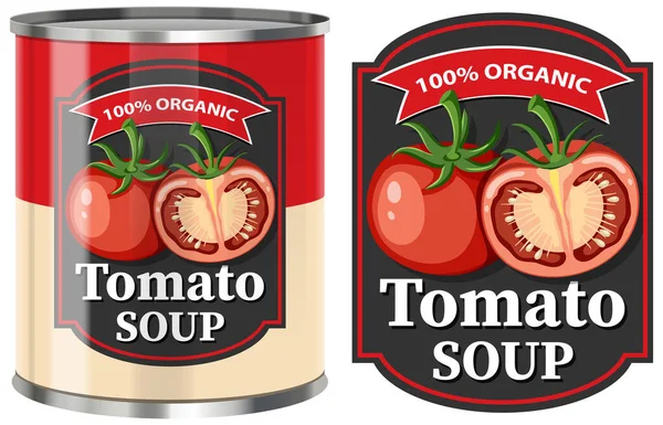 Sopa Tomate Lata Comida Con Etiqueta Ilustración Aislada — Archivo Imágenes Vectoriales